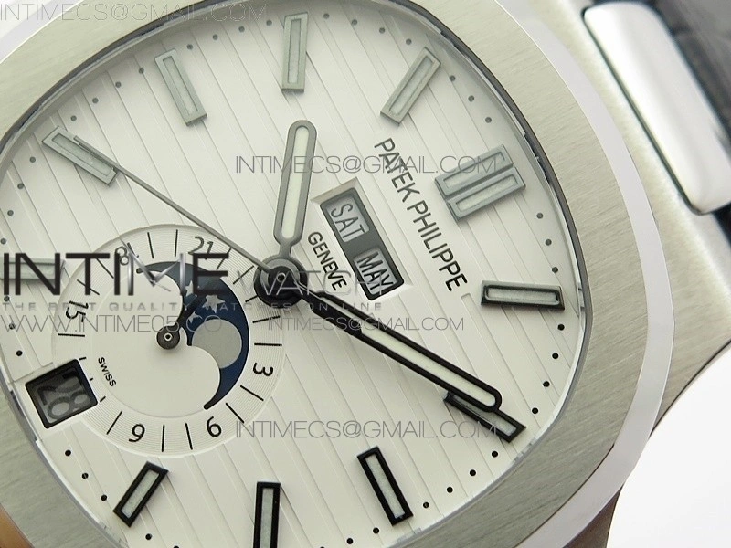 NAUTILUS 5726 SS GRF 1:1 BEST EDITION WHITE DIAL WORKING ANNUAL CALENDARON BLACK LEATHER STARP A.324 V2